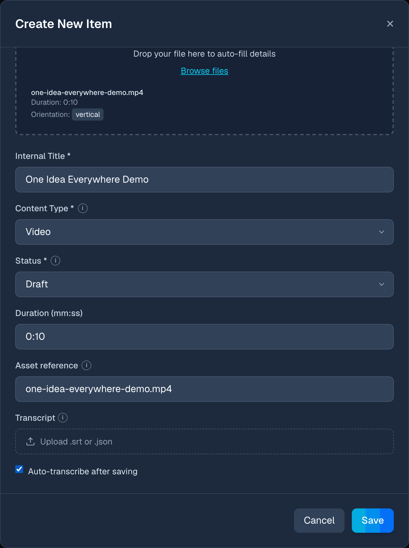 DoroSocial Create New Item modal showing the Auto-transcribe after saving option.