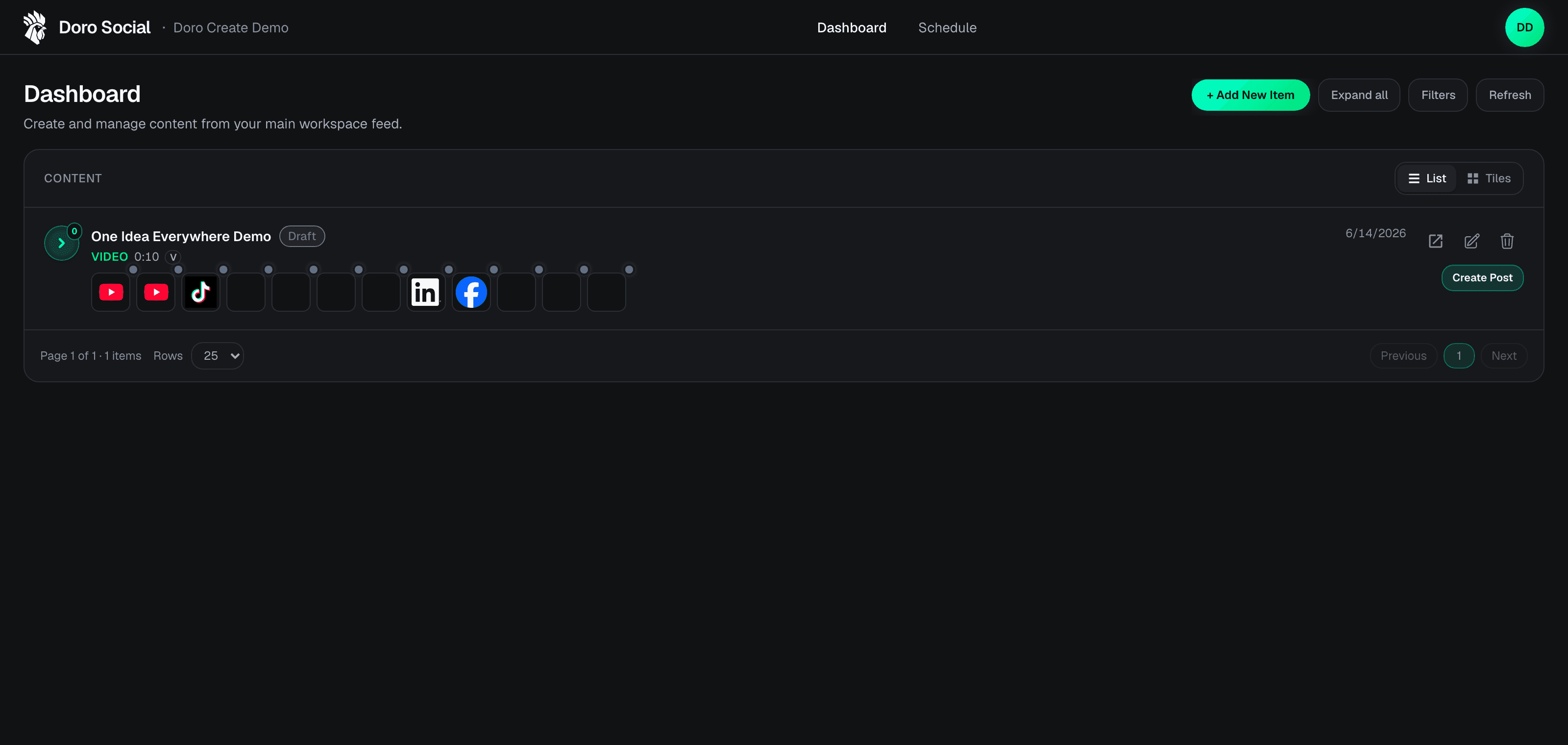 DoroSocial dashboard showing the saved One Idea Everywhere Demo content item.