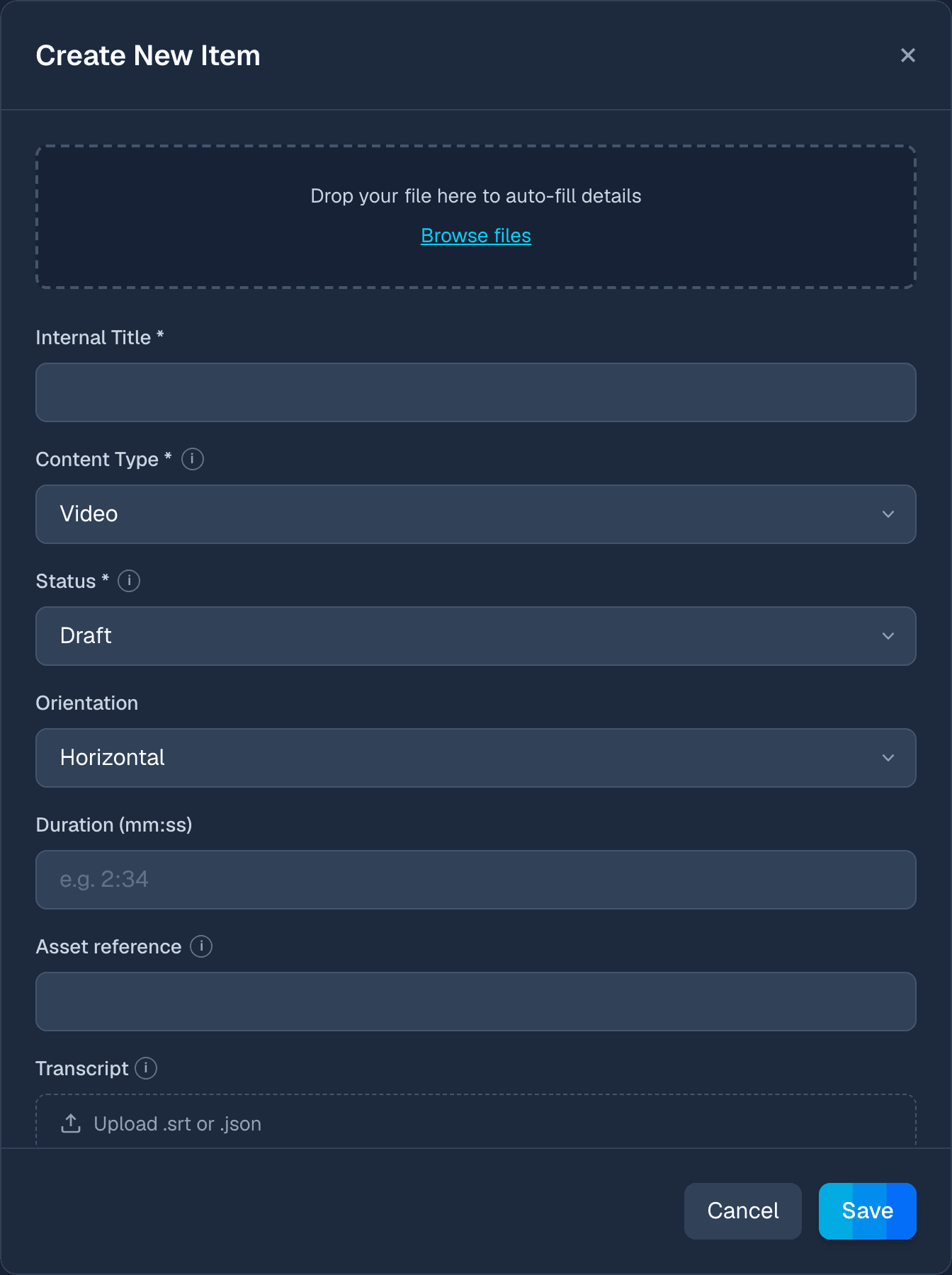 DoroSocial Create New Item modal before a file is selected.