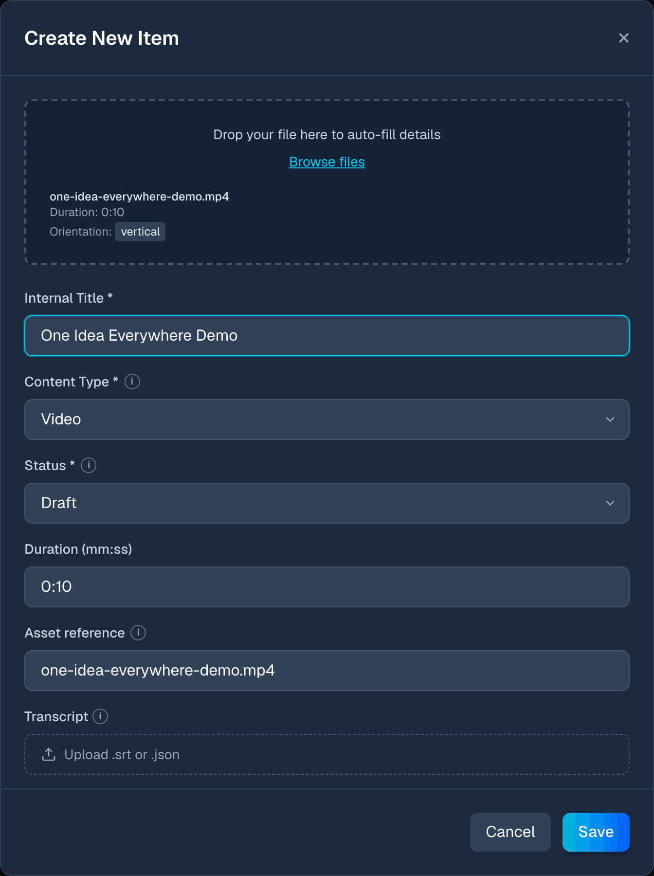 DoroSocial Create New Item modal with a real video selected for upload.