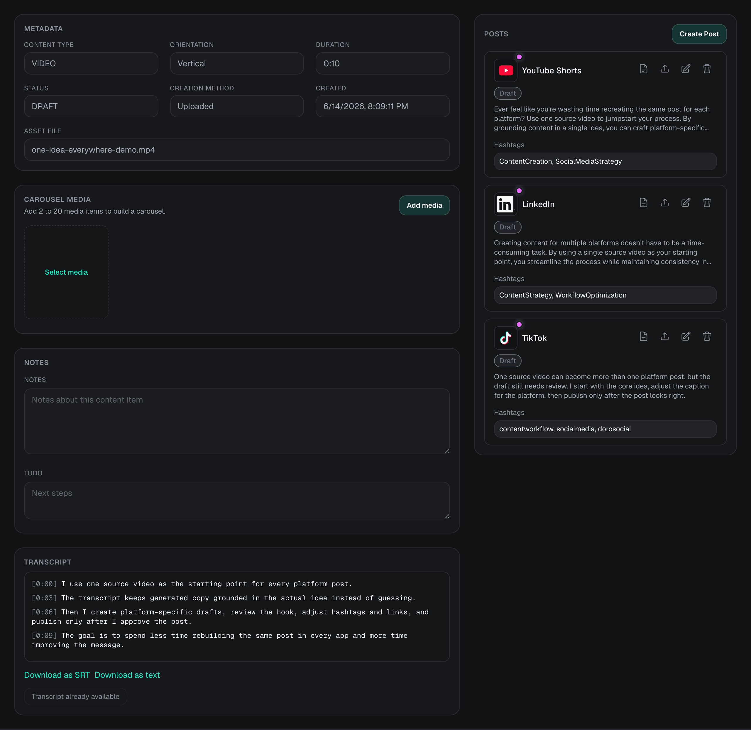 DoroSocial item detail page showing AI-created platform draft posts.