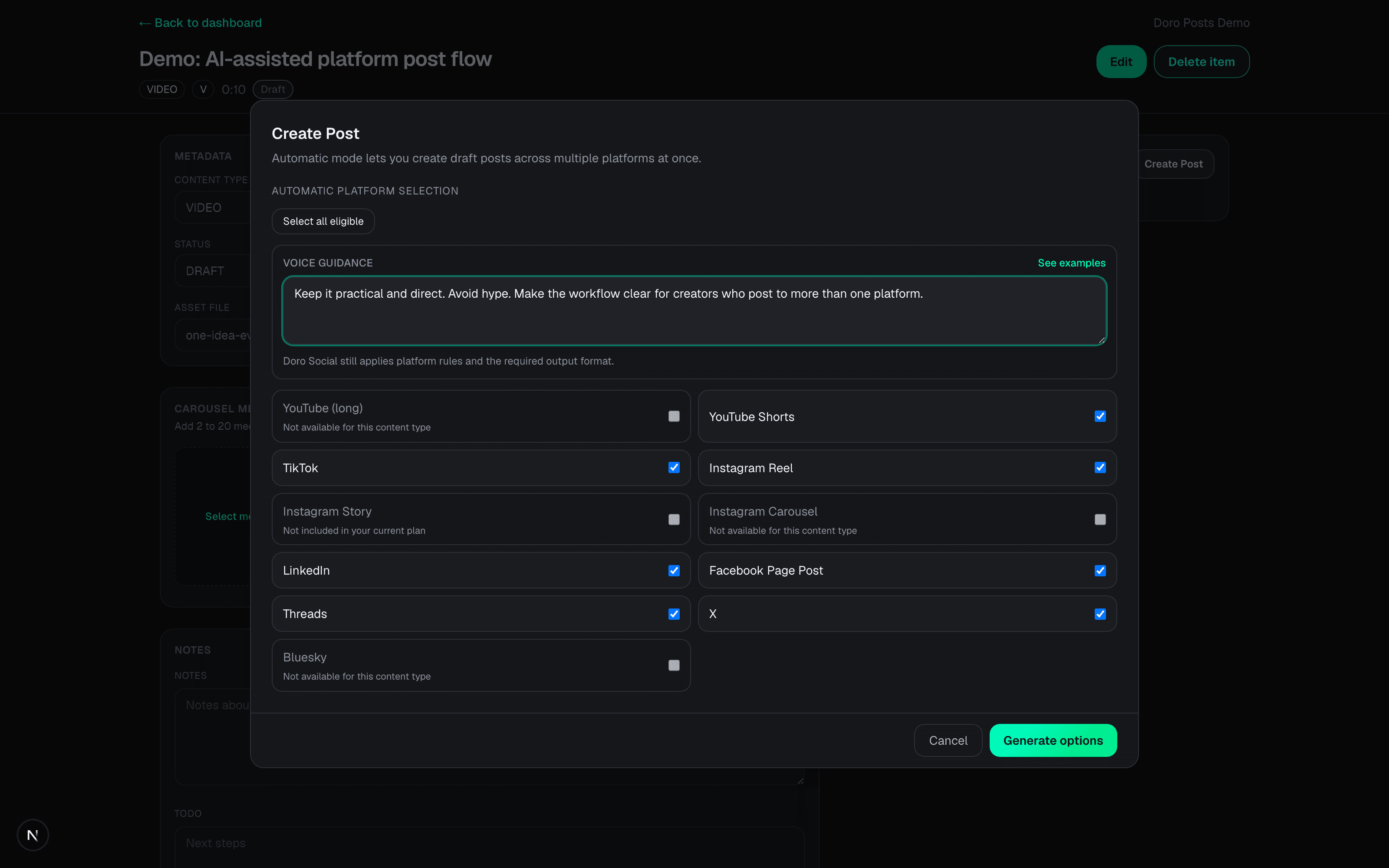 DoroSocial automatic post creation modal for generating platform drafts from a transcript.