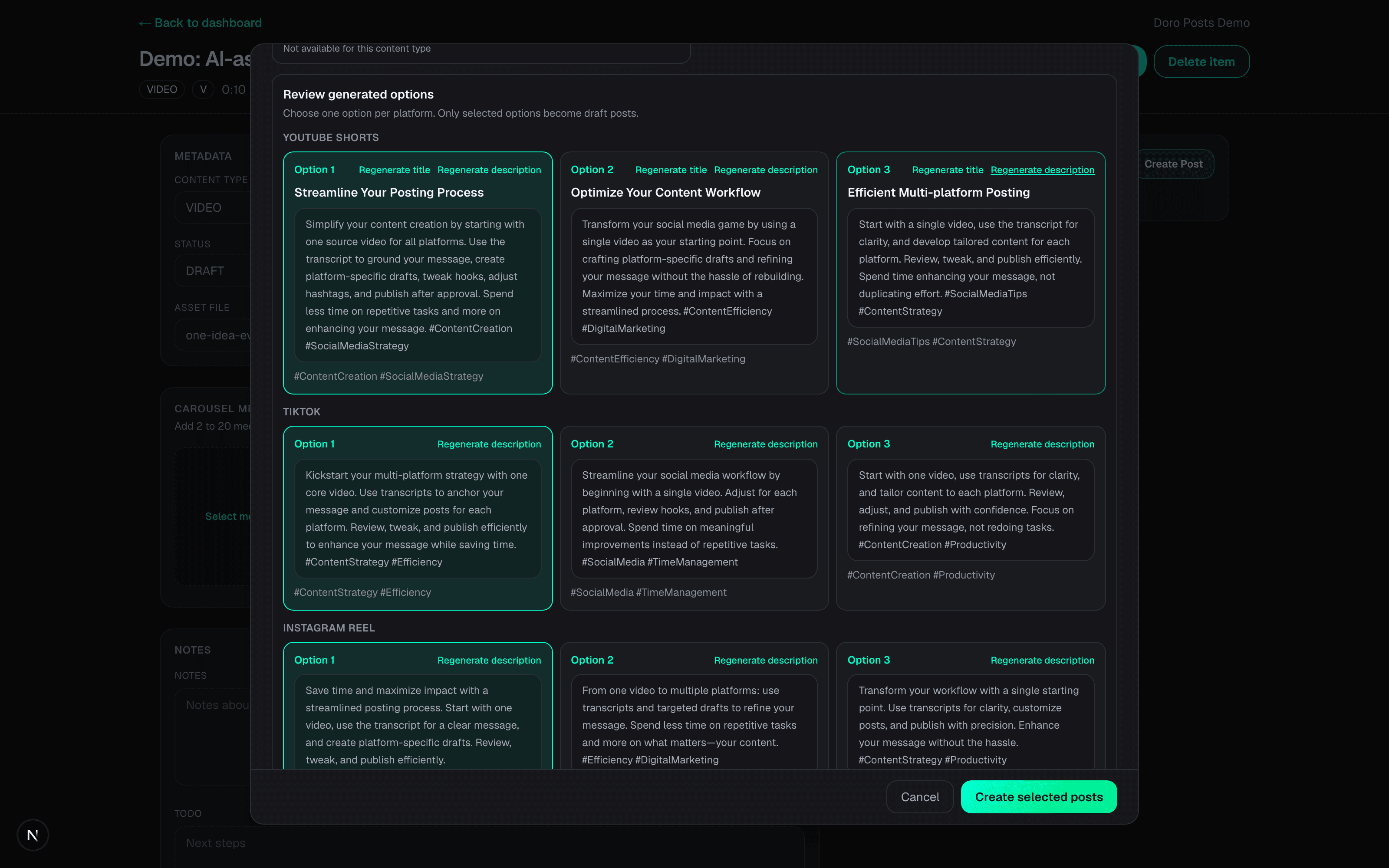 DoroSocial generated post options waiting for review before drafts are created.