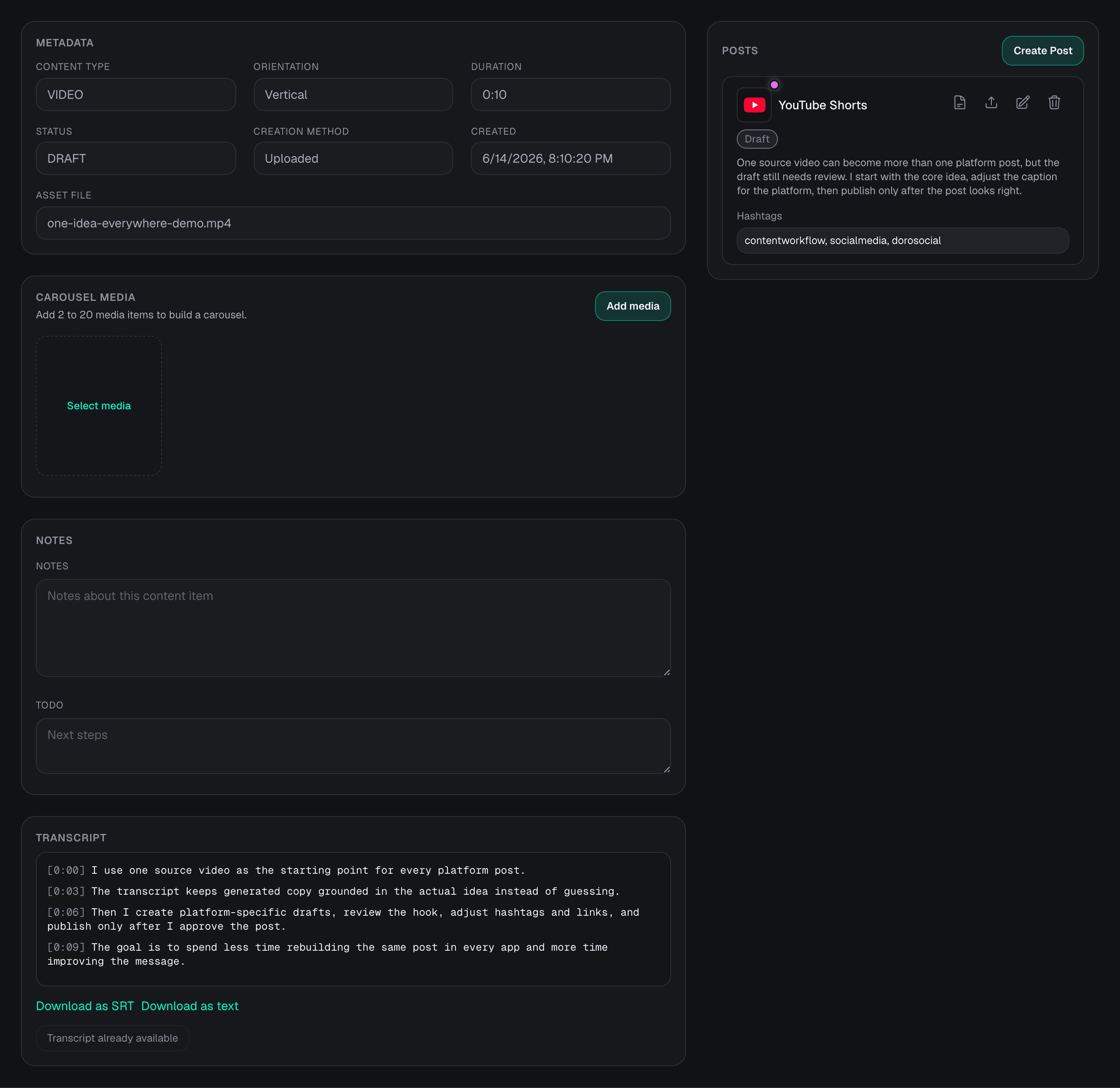 DoroSocial Posts panel showing a saved manual platform post draft.