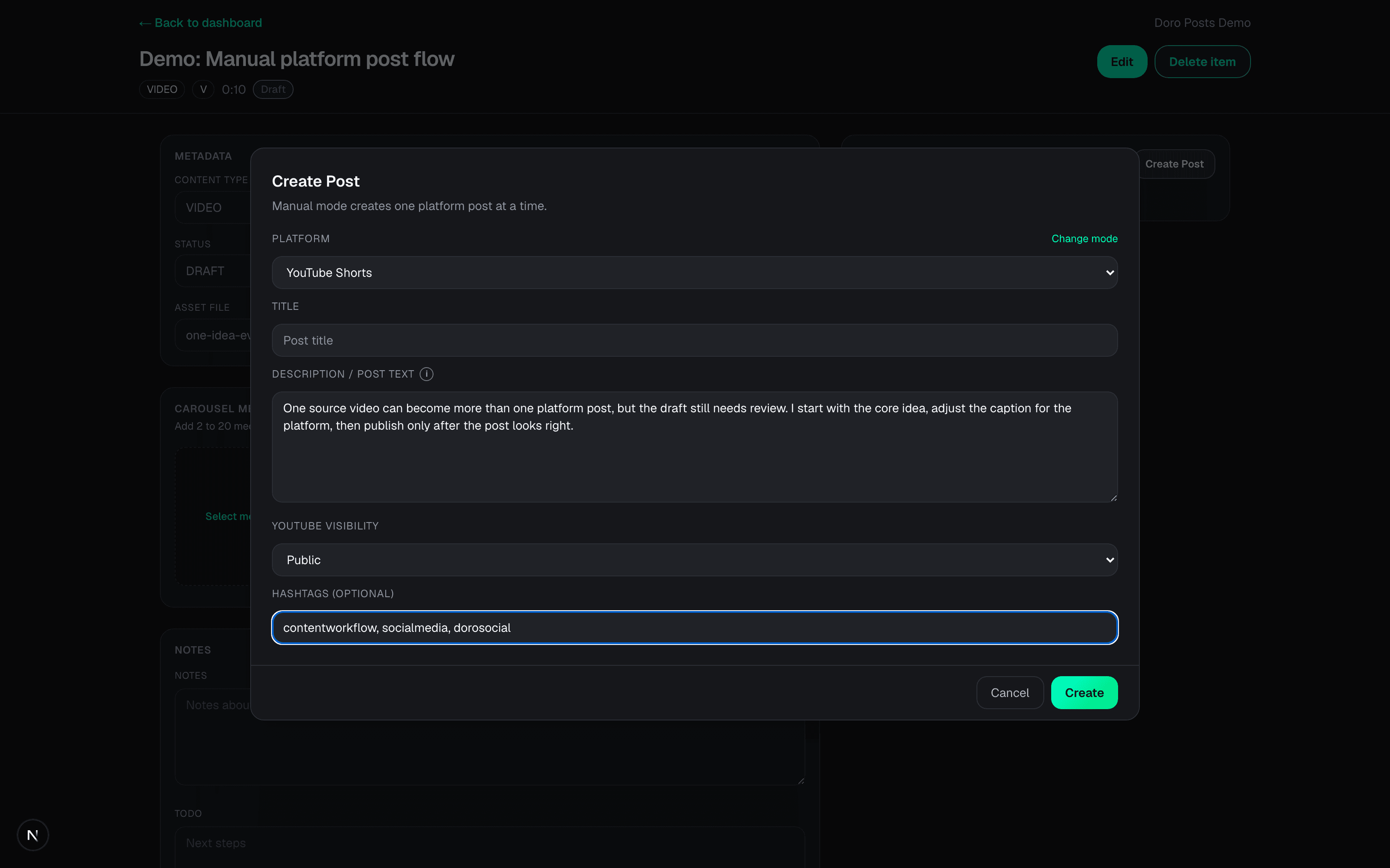 DoroSocial platform post form showing title, post text, hashtags, and platform-specific fields.
