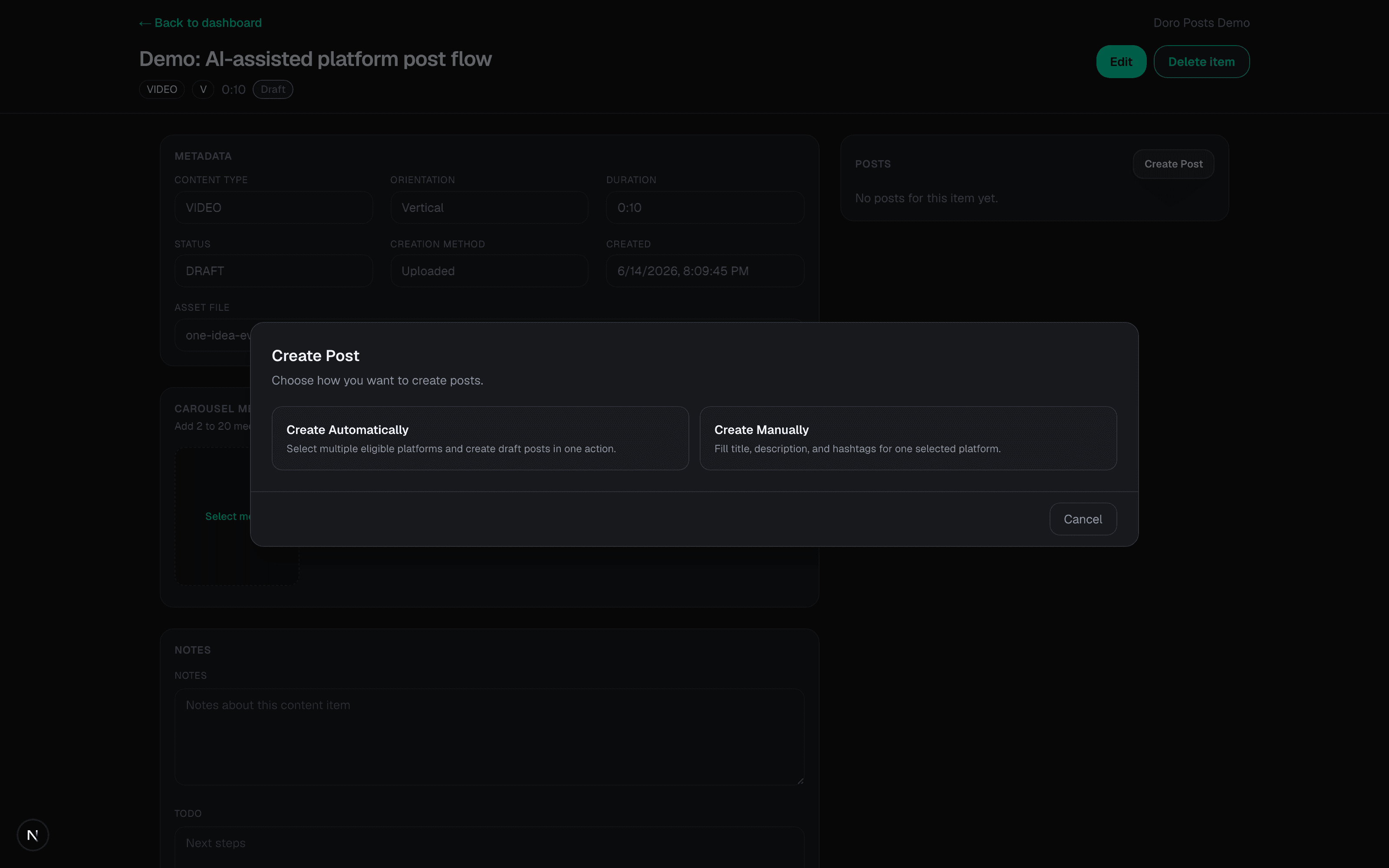DoroSocial Create Post modal showing Create Automatically and Create Manually options.