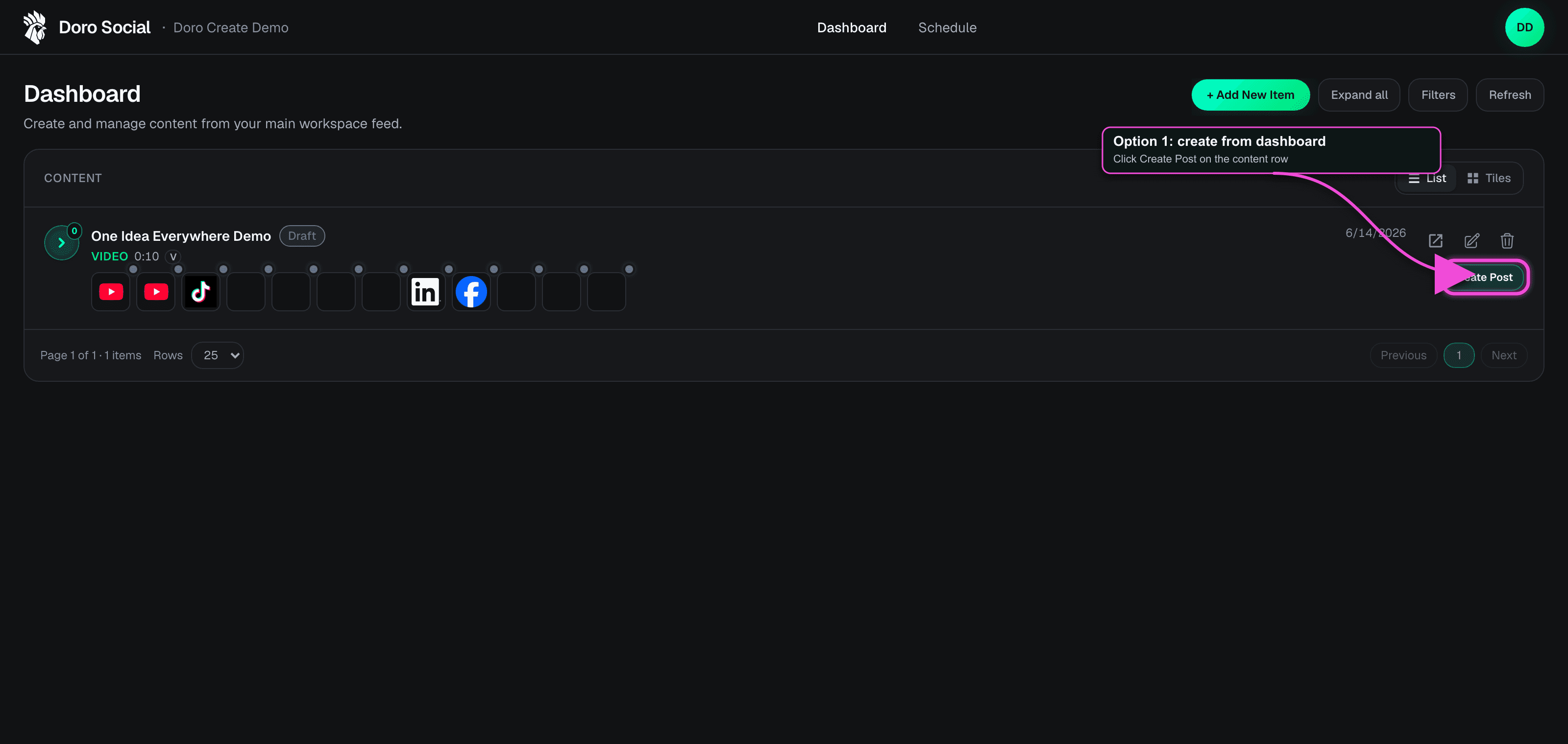 DoroSocial dashboard screenshot with a callout on the Create Post button for a content row.