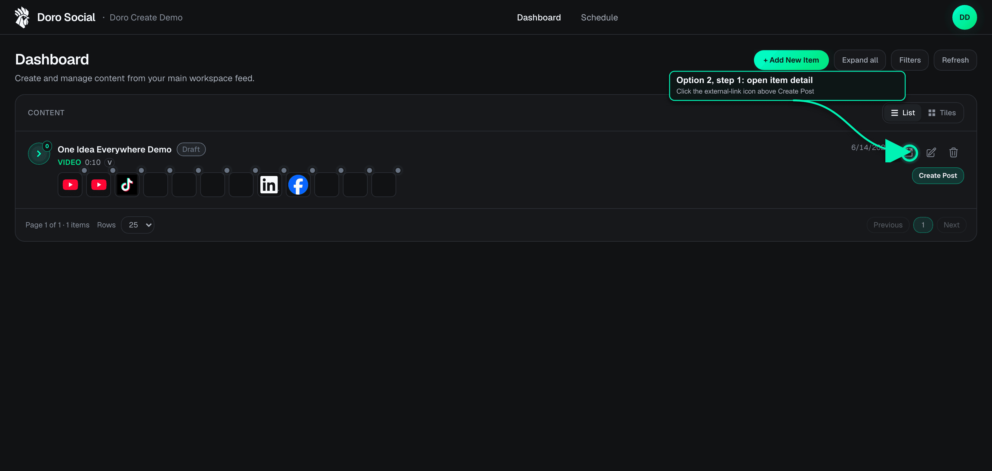 DoroSocial dashboard screenshot with a callout on the external-link icon that opens the item detail page.