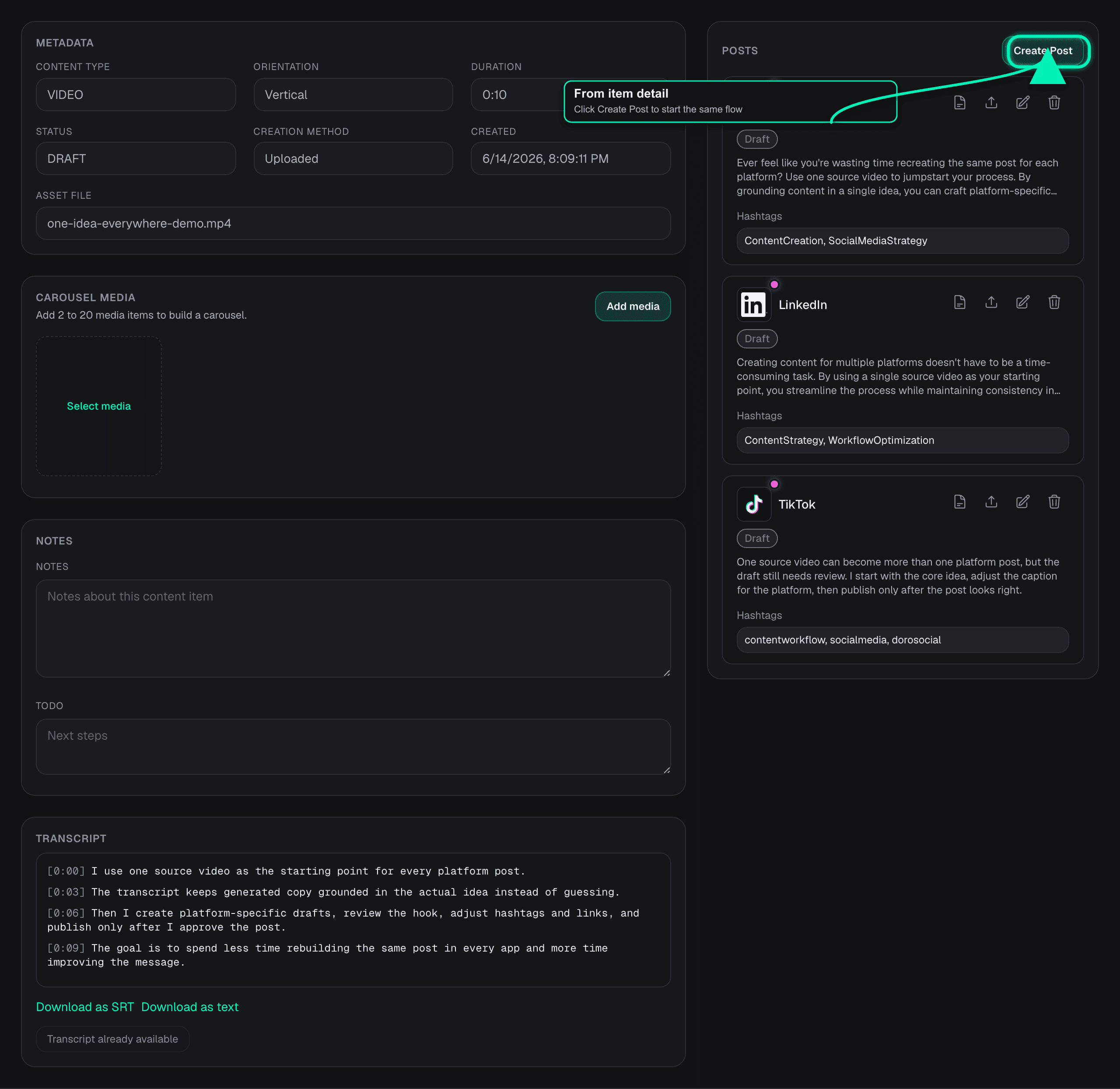 DoroSocial item detail page screenshot with a callout on the Create Post button.