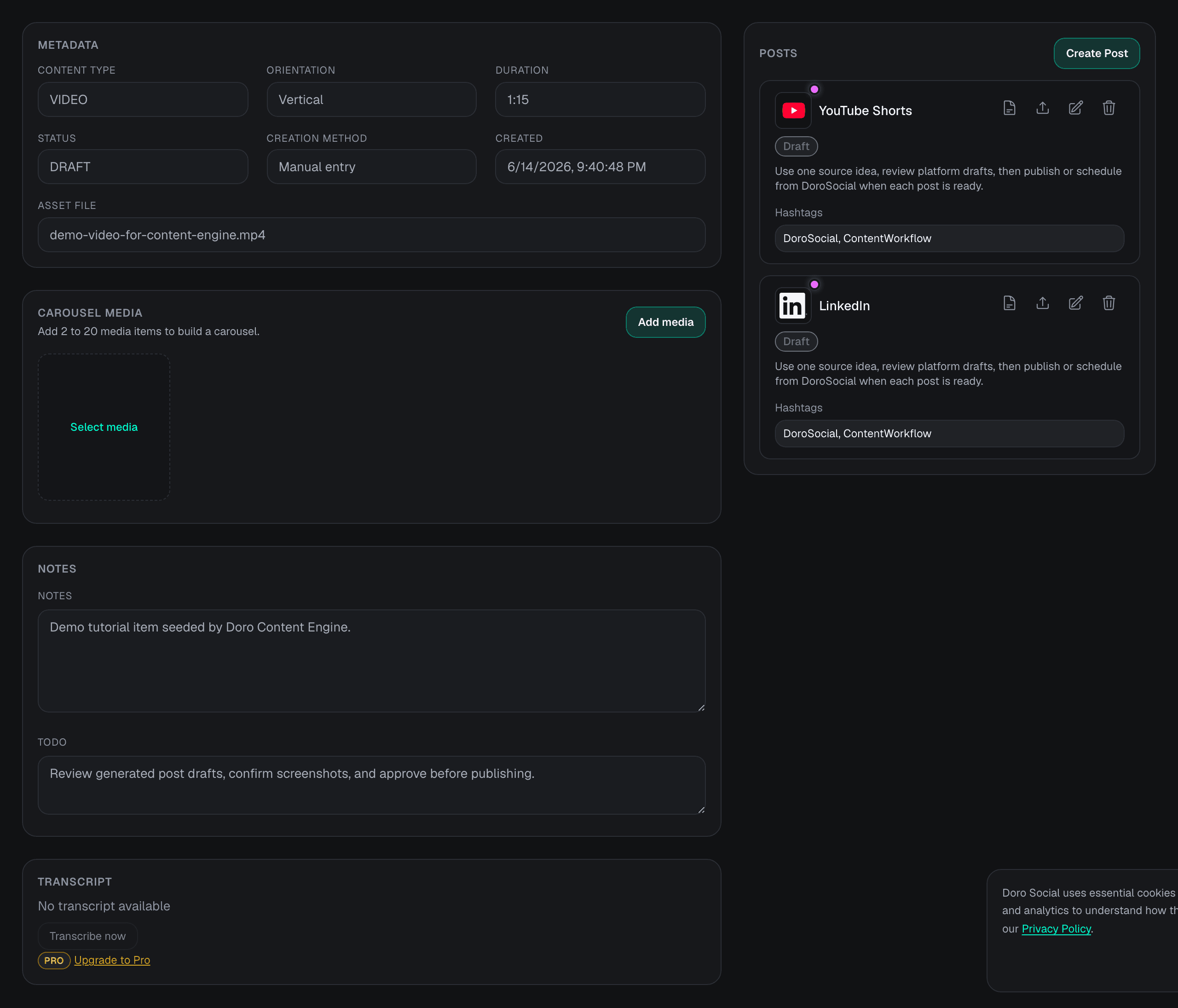 DoroSocial Posts panel showing platform draft rows with view, publish, edit, and delete icons.