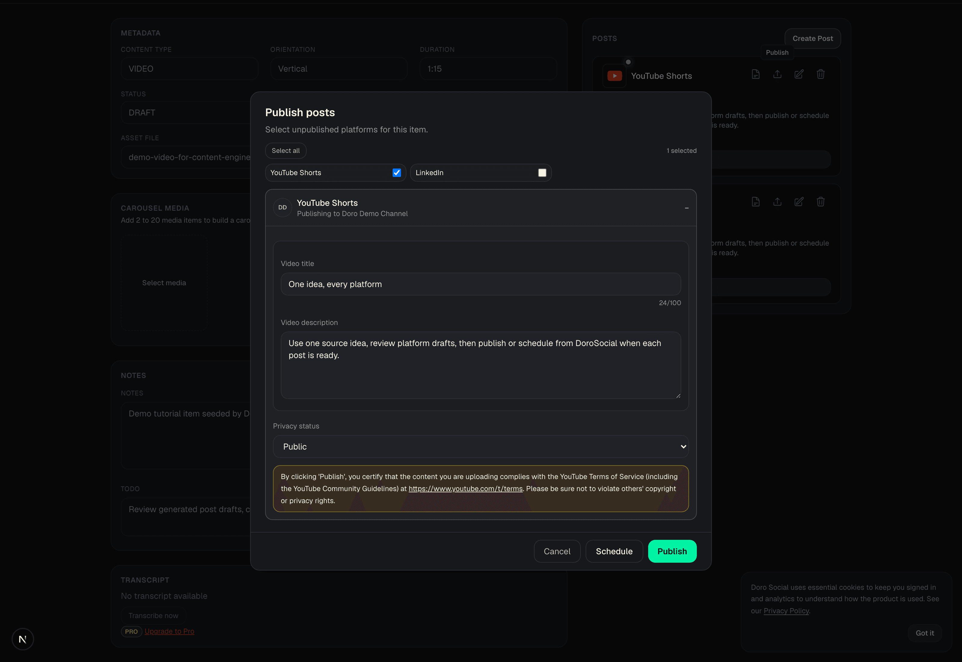 DoroSocial publish modal with one YouTube Shorts draft selected.