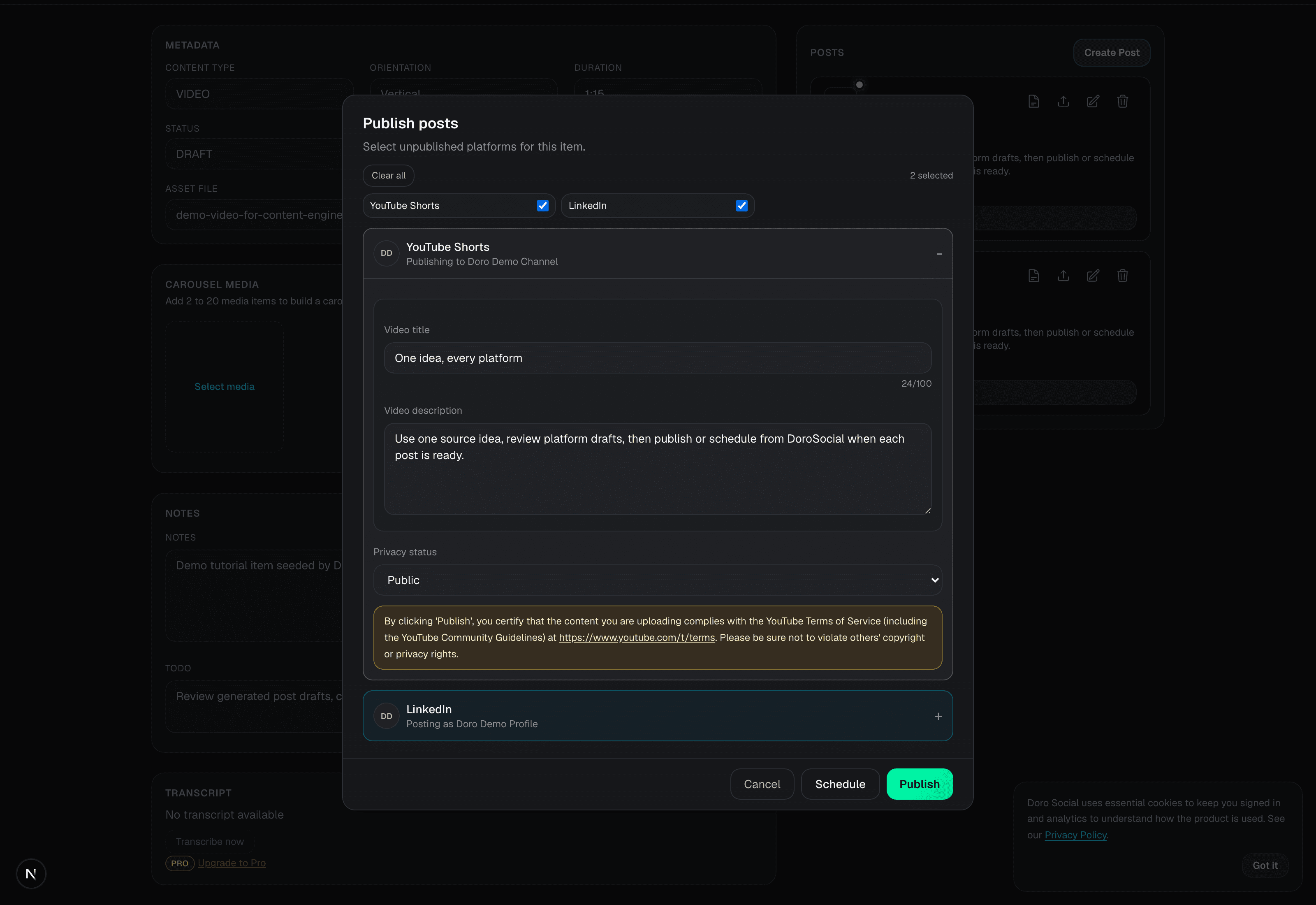 DoroSocial publish modal with multiple selected platforms and platform settings.