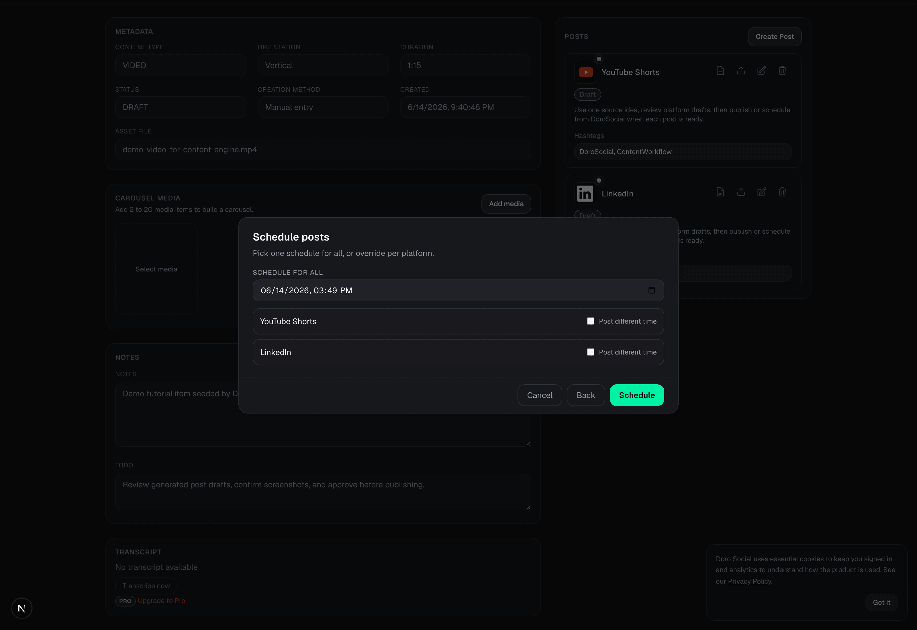 DoroSocial schedule modal with one schedule time for selected platform posts.