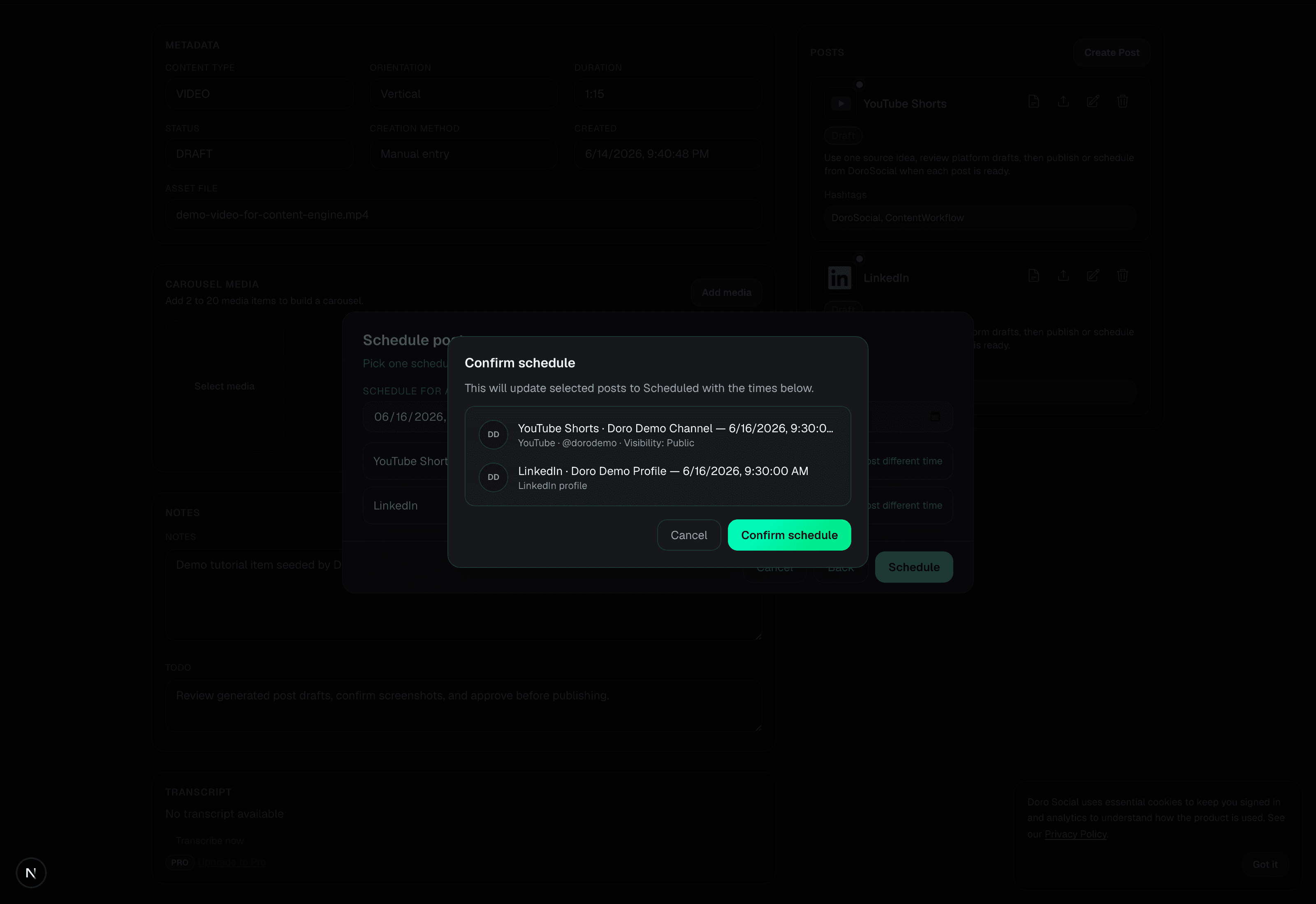 DoroSocial schedule confirmation list before saving scheduled platform posts.