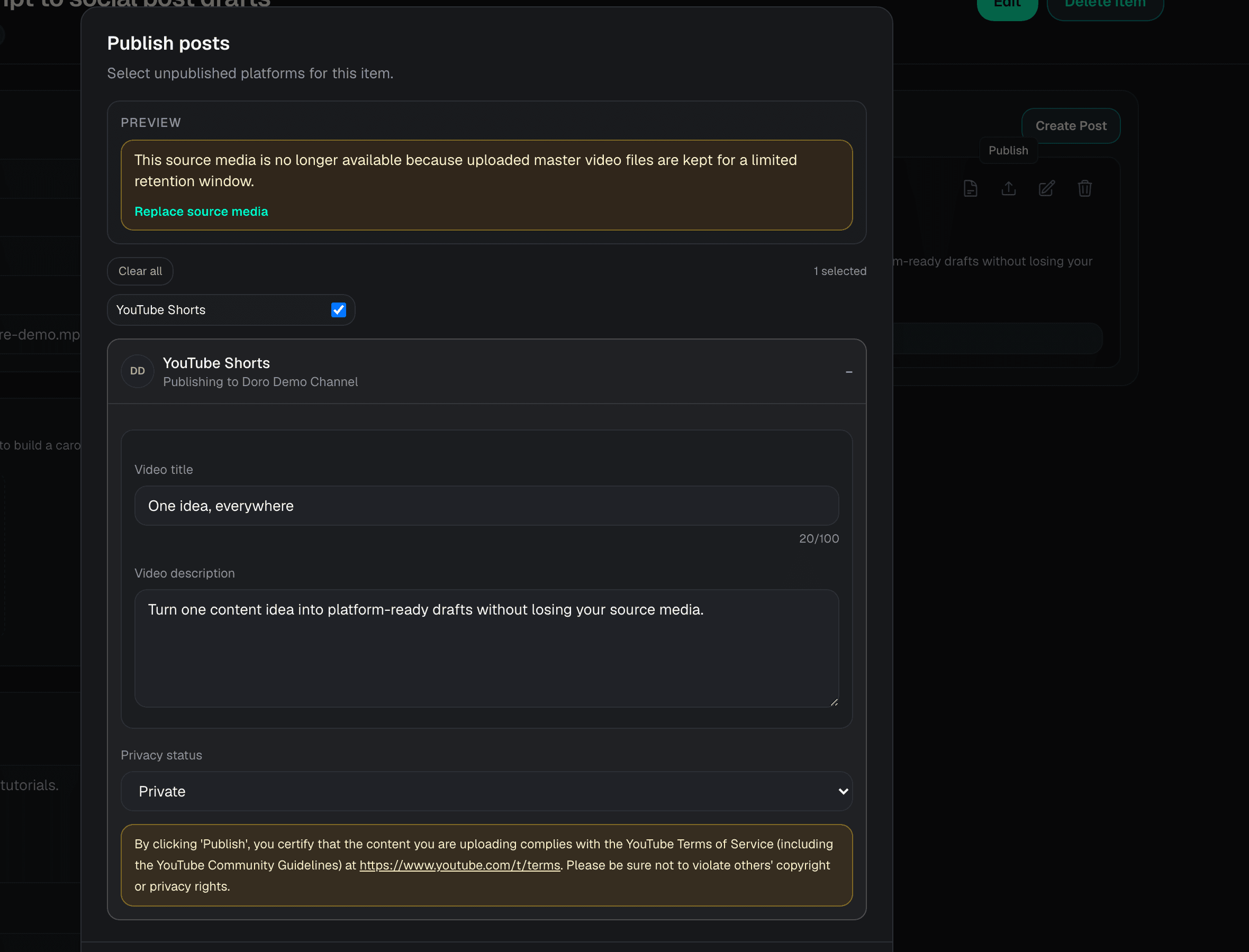 DoroSocial publish modal showing source media unavailable warning and Replace source media action.