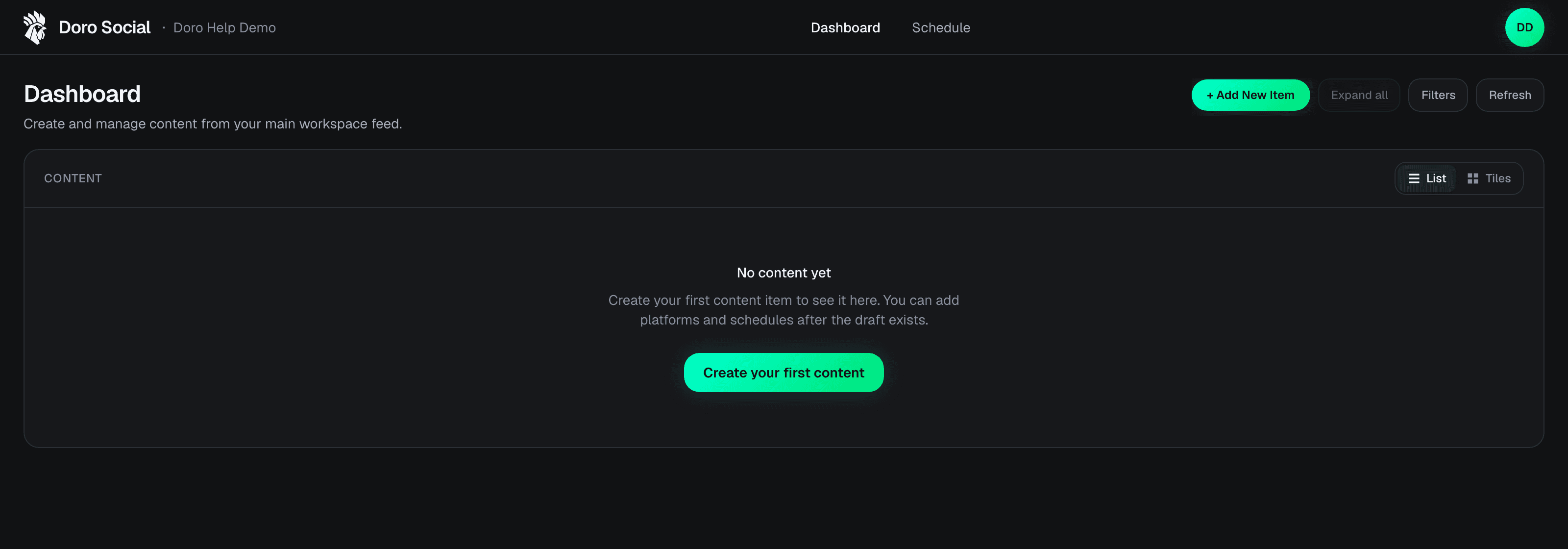 DoroSocial dashboard for a clean demo account.