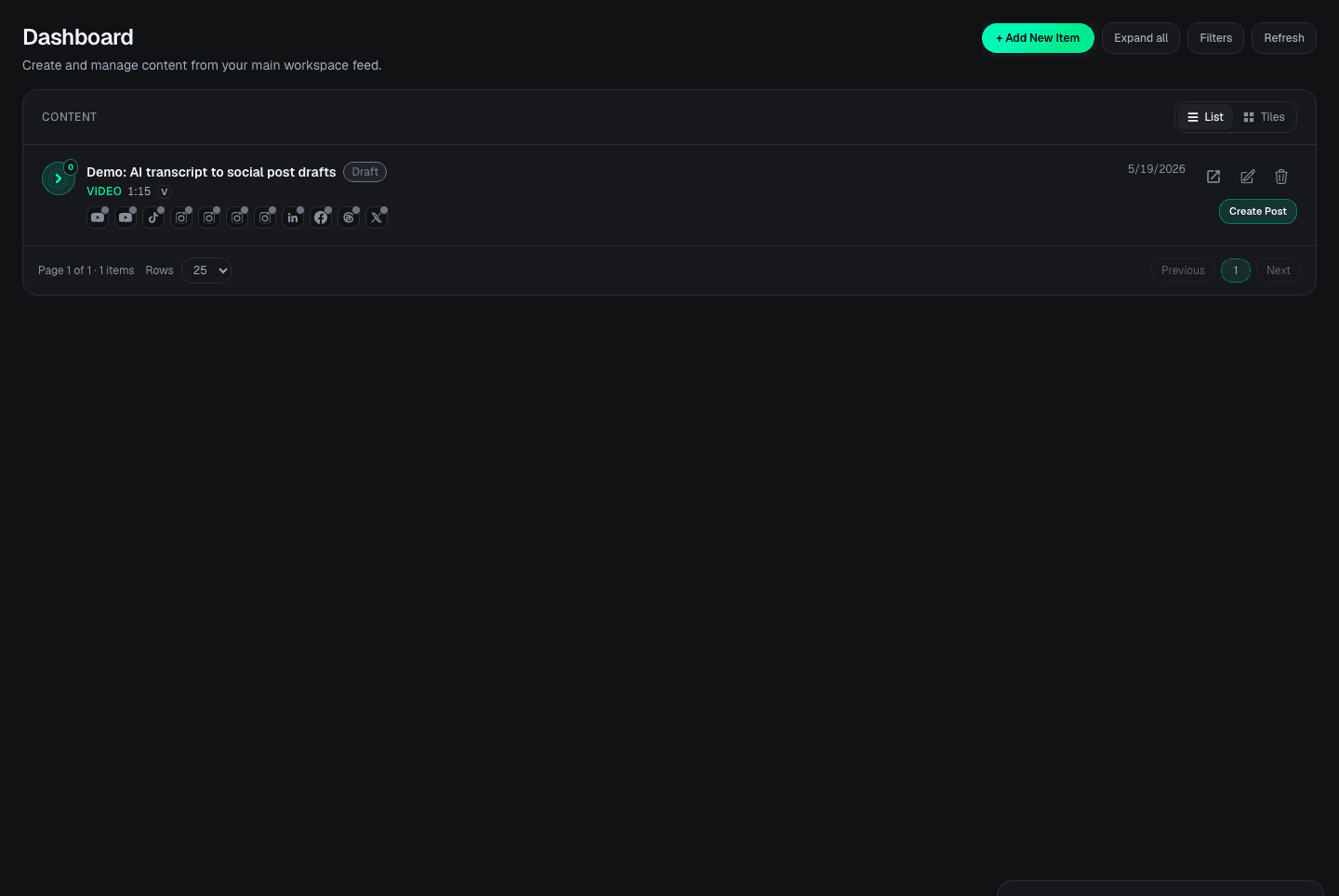 Doro Social dashboard with an Add New Item button and a demo content item.