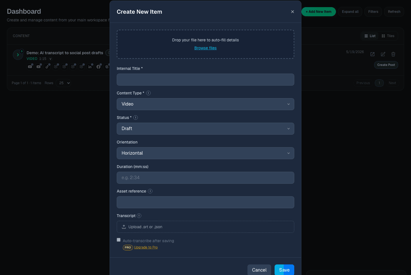 Create New Item dialog with upload, title, content type, status, orientation, duration, and transcript fields.