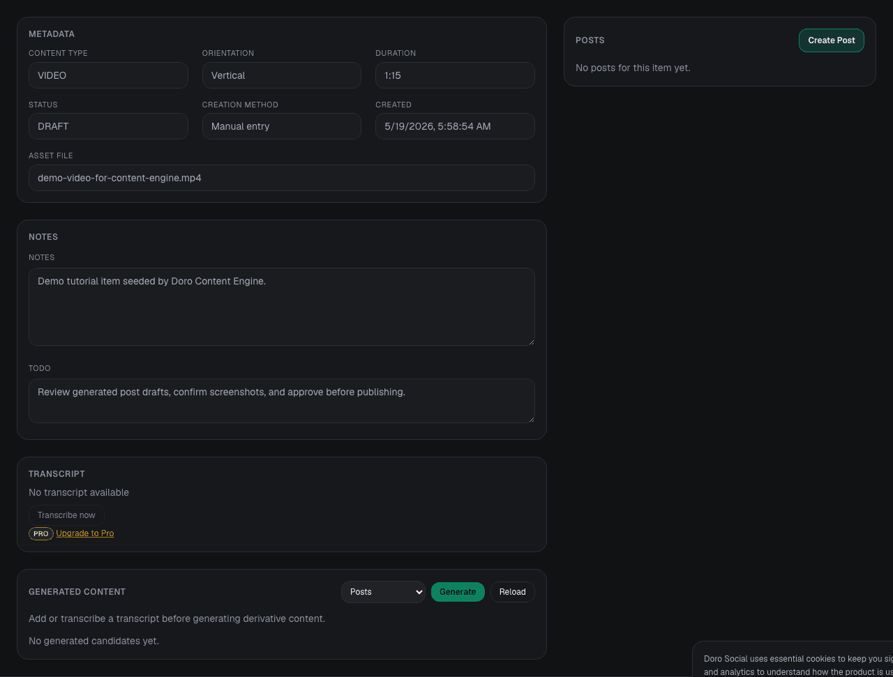 DoroSocial content detail page with the transcript and workflow panels.