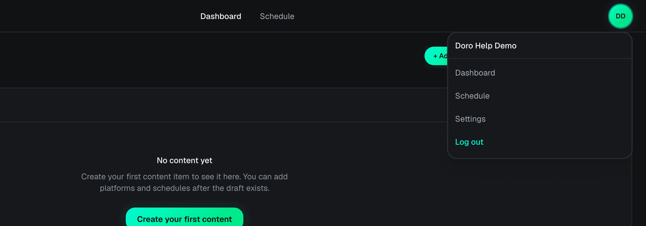 DoroSocial dashboard with the account menu open and Settings visible.