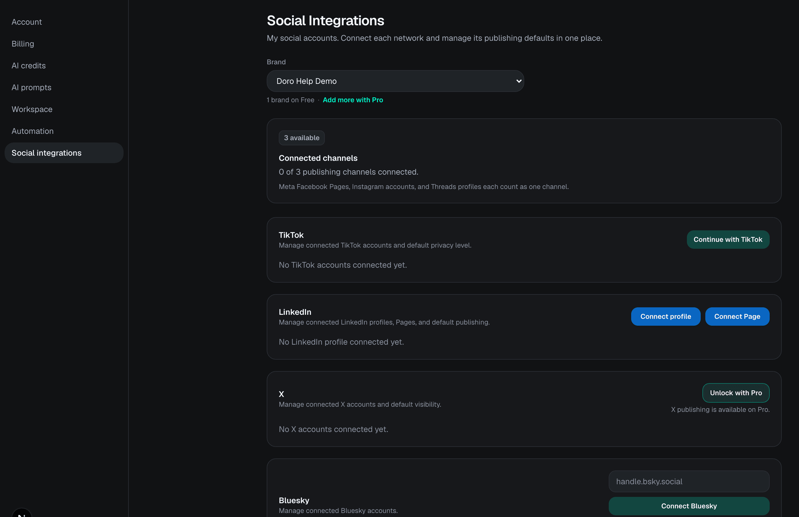 DoroSocial Settings page with the Social integrations menu item selected.